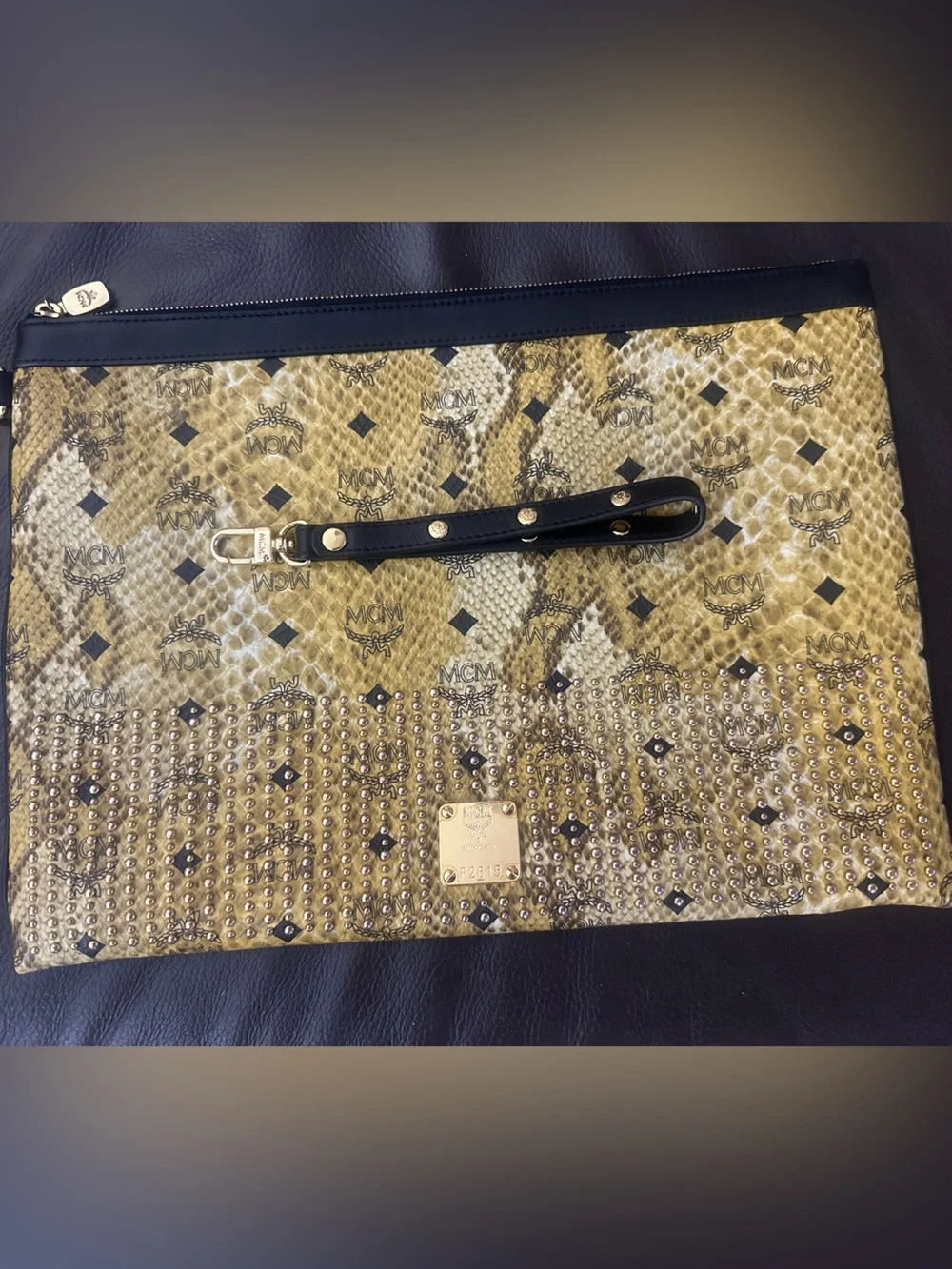 MCM Gold Snakeskin-Print Studded Logo Wristlet Clutch with Black Trim 14.5 x10.5